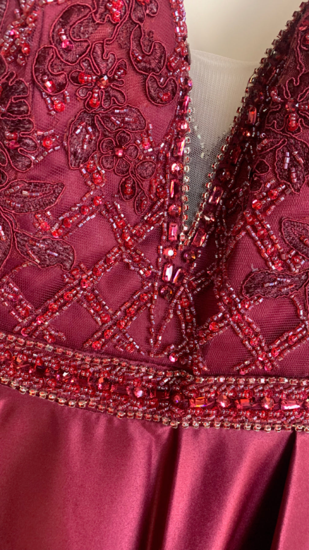 Beaded Burgundy V-neck Formal Gown (SIZE 10-12)
